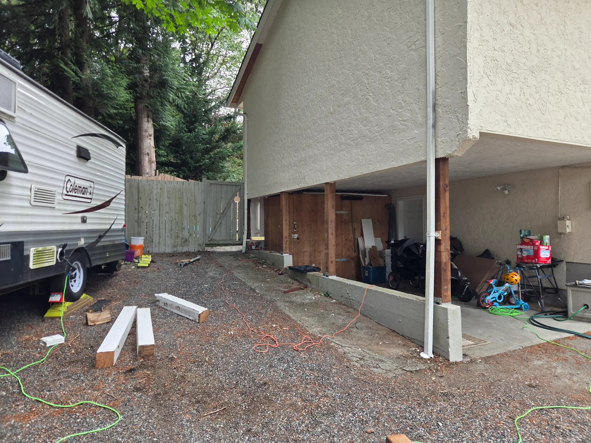 Renovation detail showing structural repairs and new framing on Vancouver Island