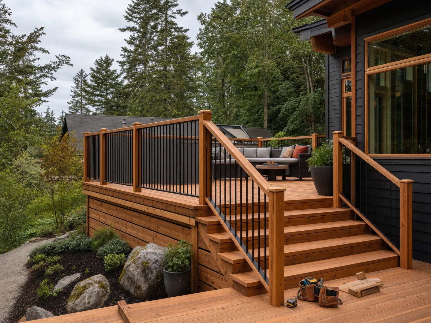 Cedar deck with railings and stairs built for Vancouver Island weather — exterior renovation