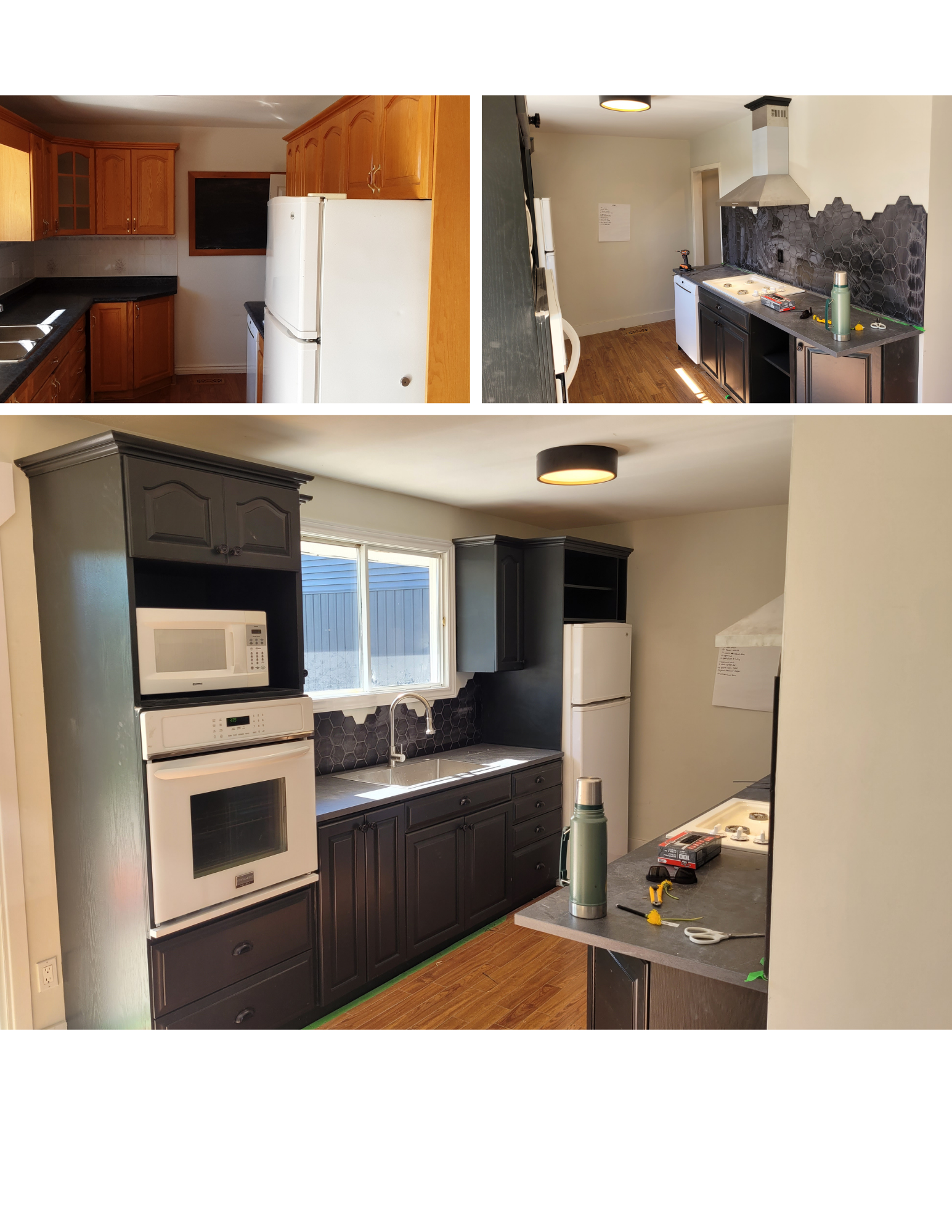 Kitchen refresh with dark cabinetry and countertop work in progress