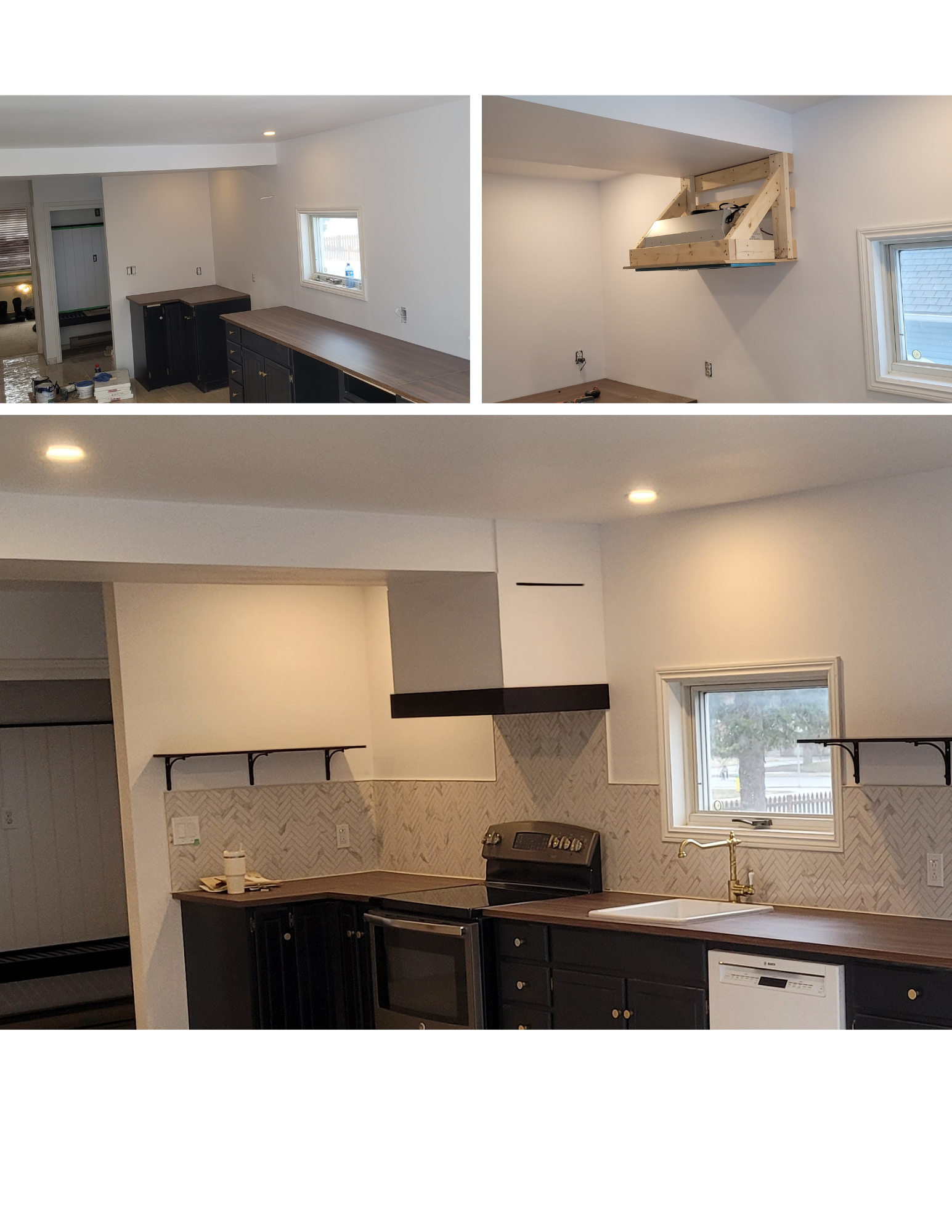 Custom range hood and kitchen detail installation with cabinetry and wall finish work