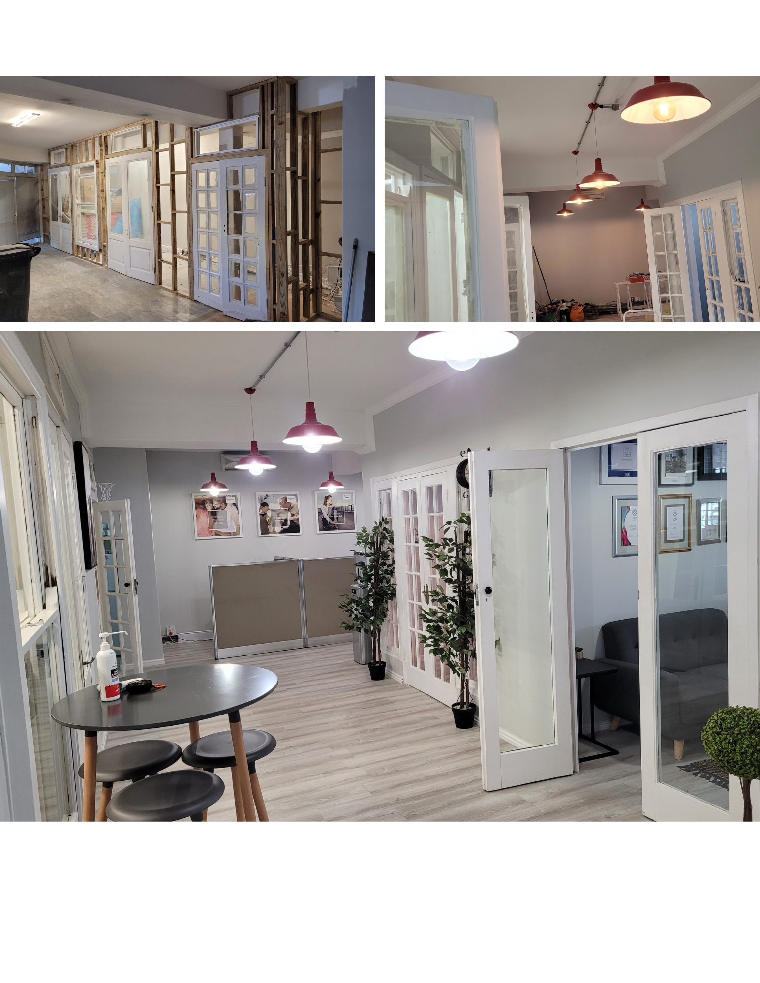 Interior renovation showing bright flooring, glass doors, and clean trim details
